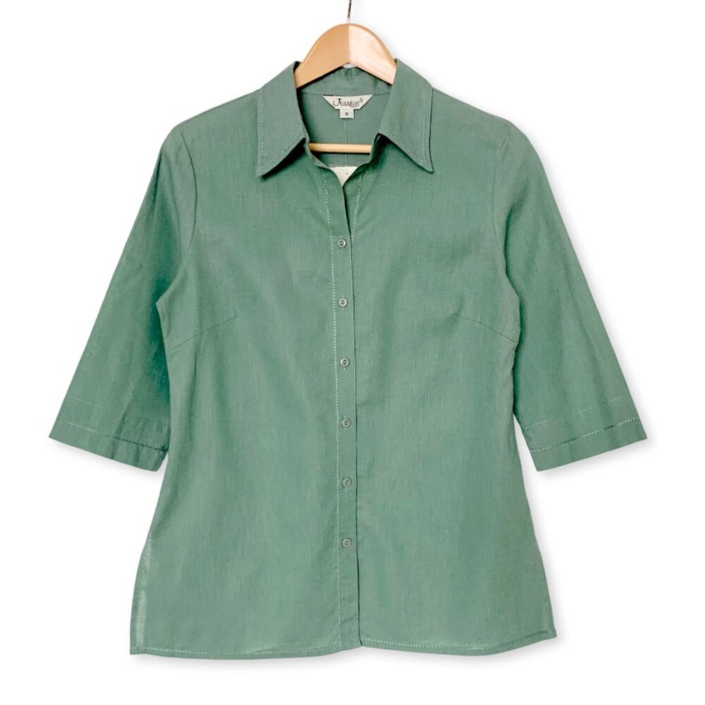 Jessica Sport Vintage Linen Button Up Shirt Green Cottagecore Coastal Grandma